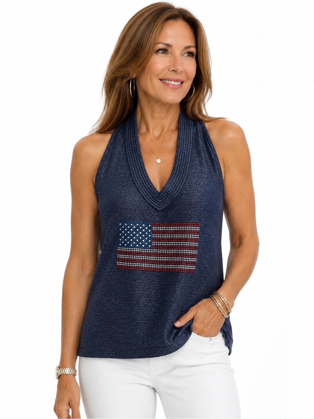 NWT St. John Sport Santana Knit Rhinestone American Flag Halter Top USA